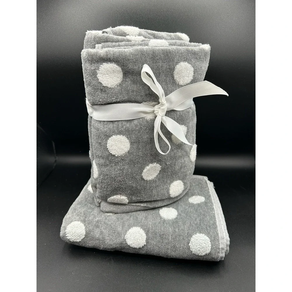 ALFRED SUNG ECO MELANGE GRAY WHITE POLKA DOT DESIGN COTTON FLUFFY 3 HAND TOWELS